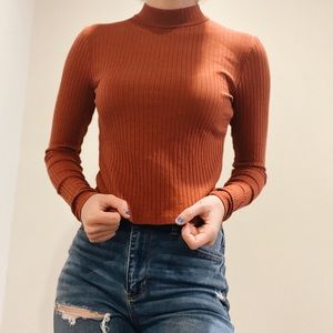 Burnt Orange Ribbed Turtleneck Longsleeve Tee